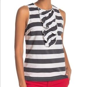 Trina Turk Evergreen Black and White Striped Ruffle Front Top Sz XS